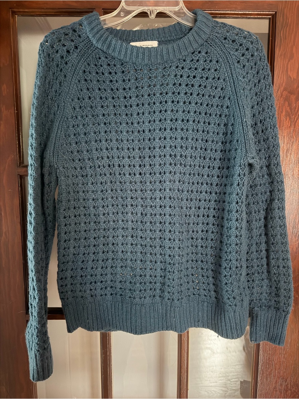 Club Monaco Open-Knit Crewneck Sweater in Teal Blue